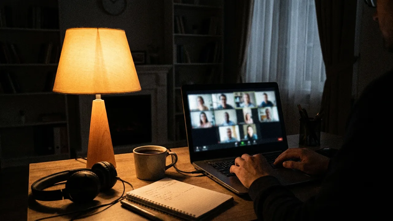 Laptop z wideokonferencją w ciemnym gabinecie